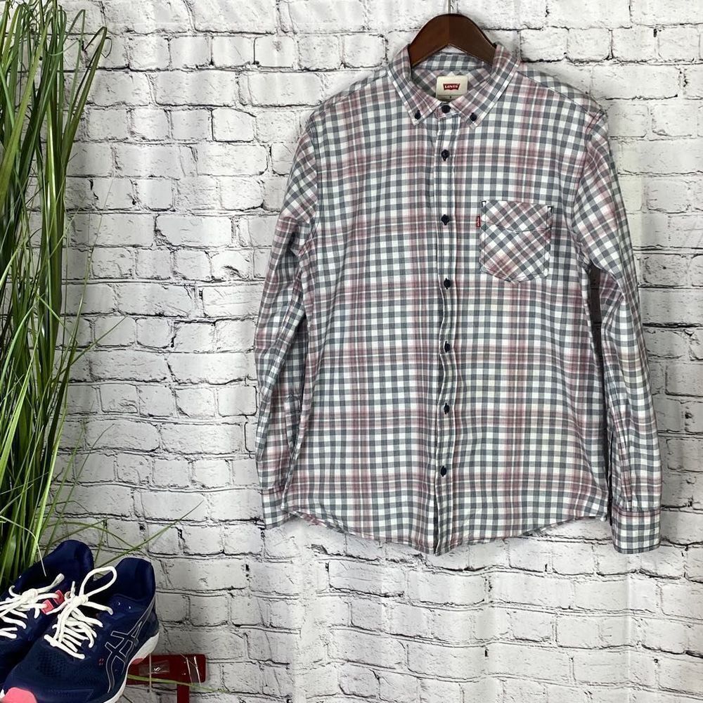 Levi's Cotton Stonewall Plaid Button Down Shirt Pink /Gray Medium